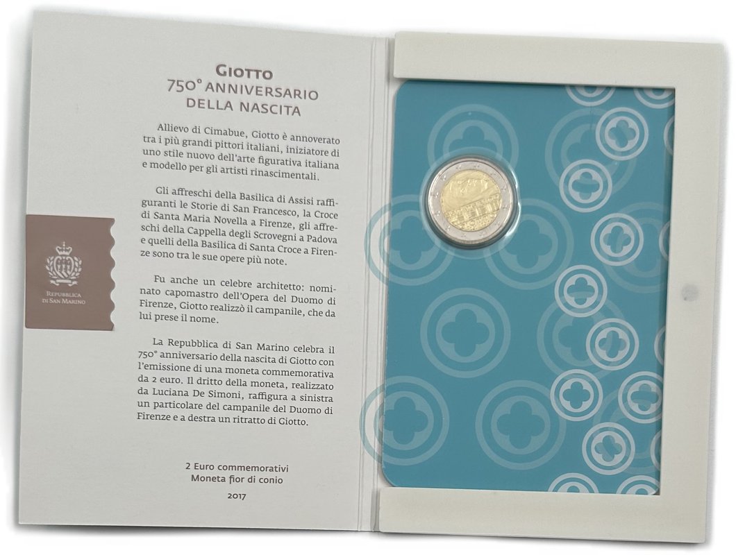 Монета 2 евро 2017 Джотто ди Бондоне 750 лет со дня рождения Сан-Марино