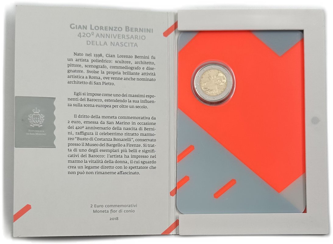 Монета 2 евро 2018 Джованни Лоренцо Бернини 420 лет со дня рождения Сан-Марино