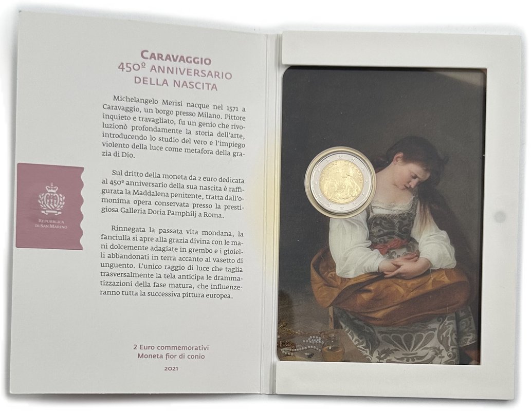 Монета 2 евро 2021 Караваджо 450 лет со дня рождения Сан-Марино