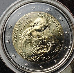 фото для Монета 2 евро 2021 Караваджо 450 лет со дня рождения Сан-Марино Аверс