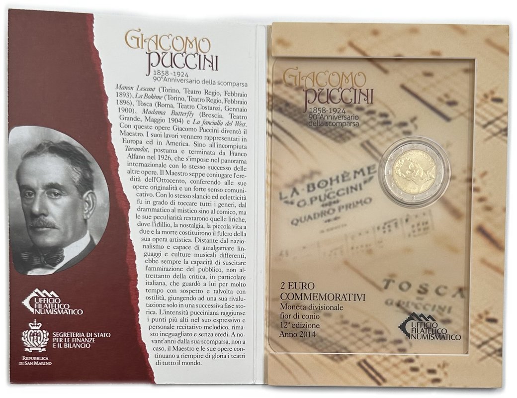 Монета 2 евро 2014 Джакомо Пуччини 90 лет со дня смерти Сан-Марино