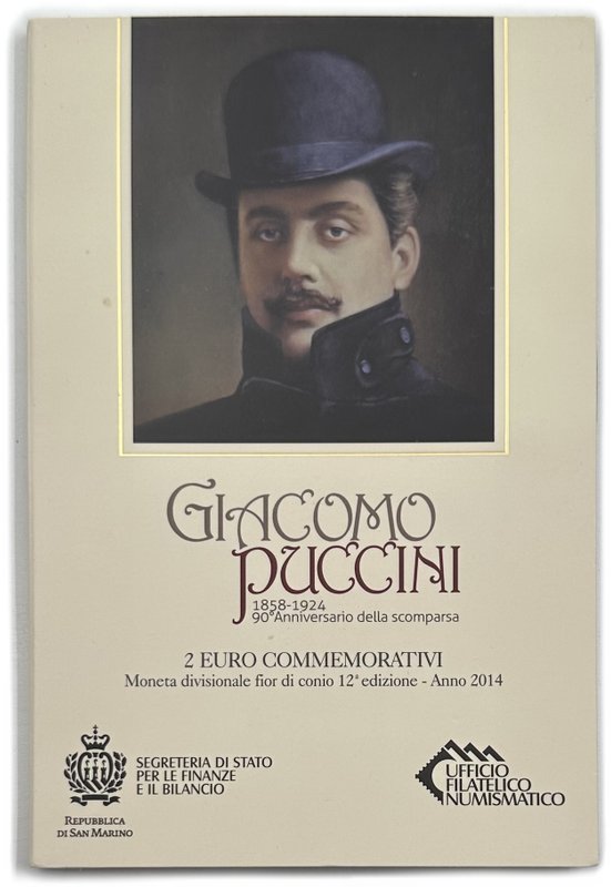 Монета 2 евро 2014 Джакомо Пуччини 90 лет со дня смерти Сан-Марино