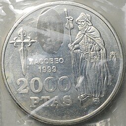 фото для Монета 2000 песет 1999 Путешествие в Сантьяго по пути Святого Иакова Испания Аверс