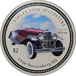 фото для Монета 2 доллара 2006 Классические Спидстеры 1930-х Duesenberg SSJ 1936 автомобили Острова Кука Аверс
