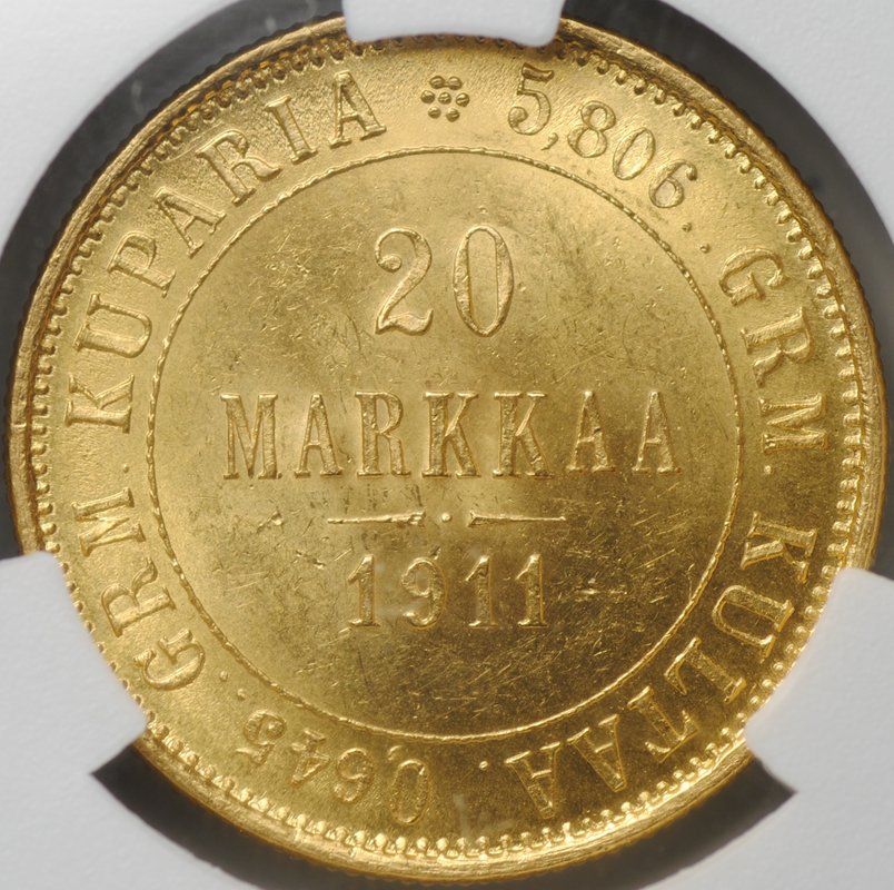 Монета 20 марок 1911 L Русская Финляндия слаб CPRC MS 63
