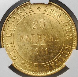 фото для Монета 20 марок 1911 L Русская Финляндия слаб CPRC MS 63 Аверс