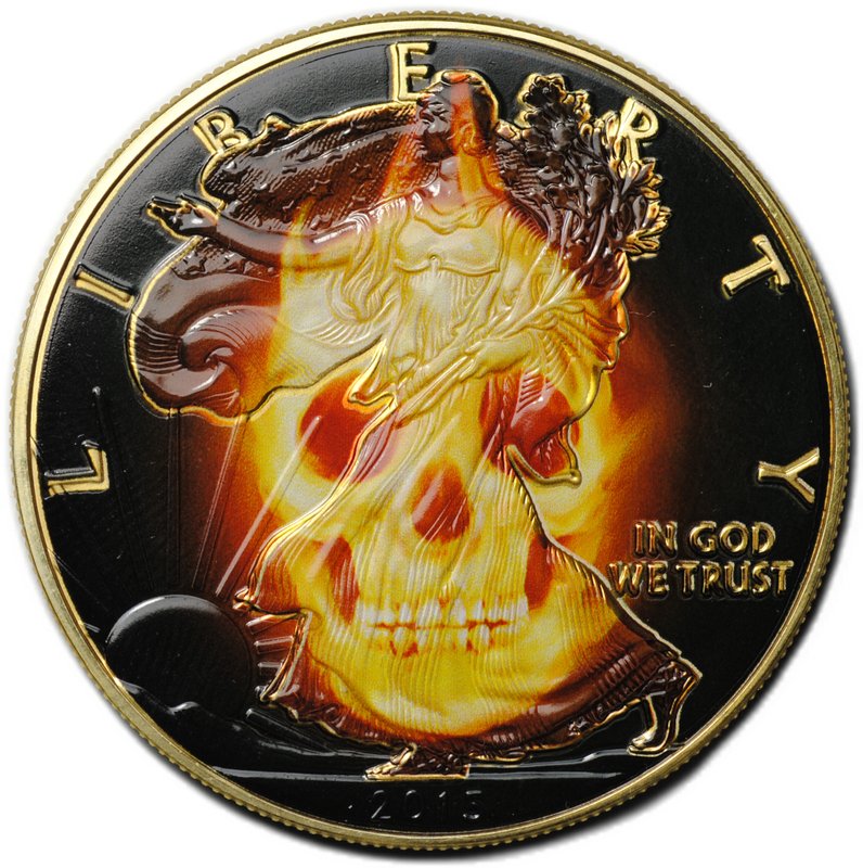 Монета 1 доллар 2015 Шагающая свобода Горящий череп рутений позолота США