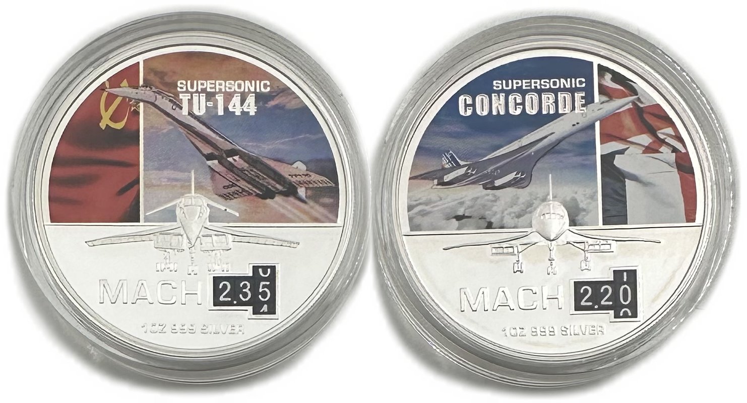 Набор 2 доллара 2011 Сверхзвуковые самолеты Конкорд, Ту-144 Ниуэ 2 монеты