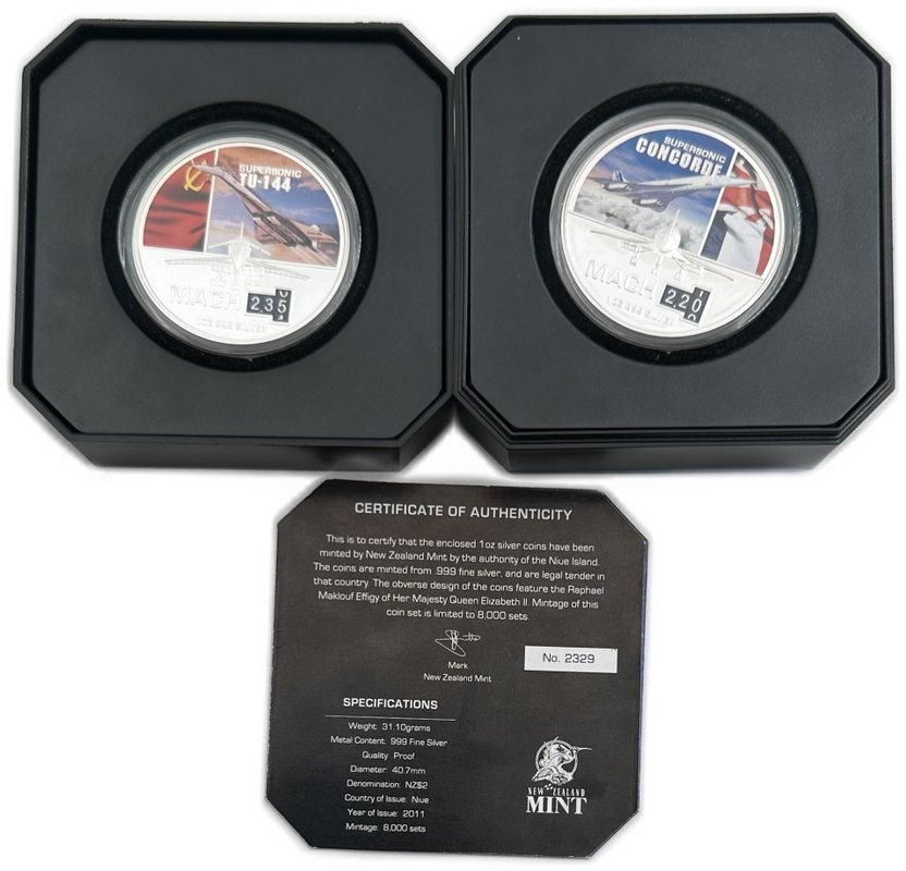 Набор 2 доллара 2011 Сверхзвуковые самолеты Конкорд, Ту-144 Ниуэ 2 монеты