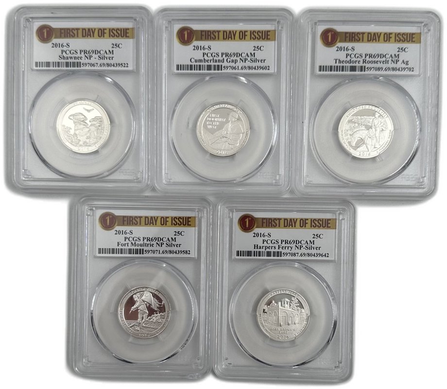 Набор 25 центов (1/4 доллара, квотер) 2016 S Национальные парки серебро США слаб PCGS PR 69 5 монет