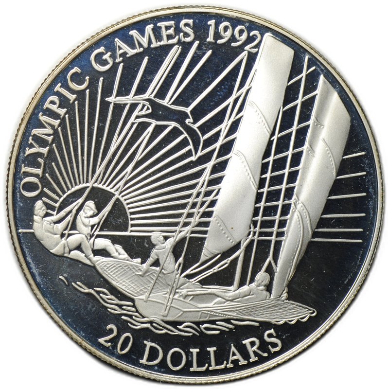 Монета 20 долларов 1992 Олимпиада Барселона - Парусный спорт Кирибати