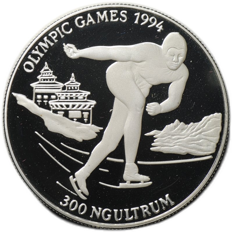 Монета 300 нгултрумов 1994 Олипиада Атланта 1996 - Коньки Конькобежный спорт Бутан