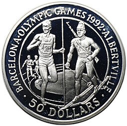 фото для Монета 50 долларов 1989 Олимпиады 1992 Барселона Альбервиль Острова Кука Аверс