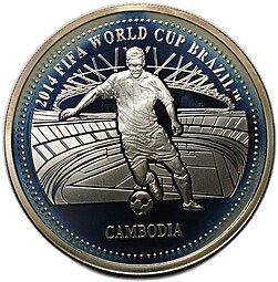 фото для Монета 3000 риелей 2013 Чемпионат мира по футболу Бразилия 2014 Камбоджа Аверс