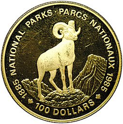 фото для Монета 100 долларов 1985 100 лет Национальным паркам Канада Аверс