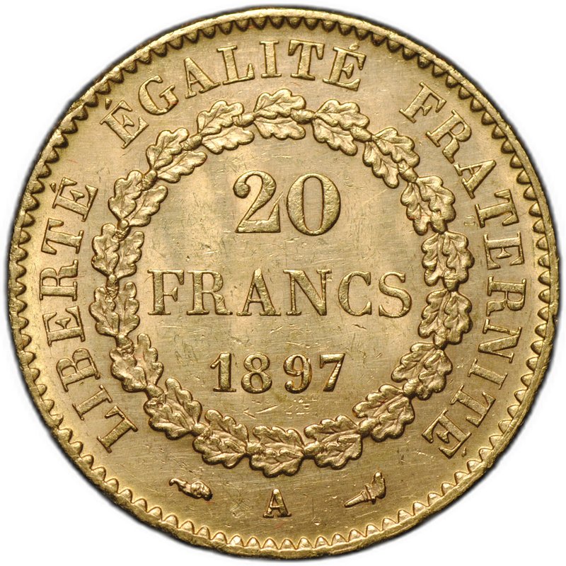 Монета 20 франков 1897 A Франция
