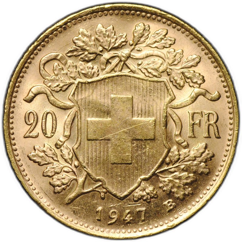 Монета 20 франков 1947 B Швейцария