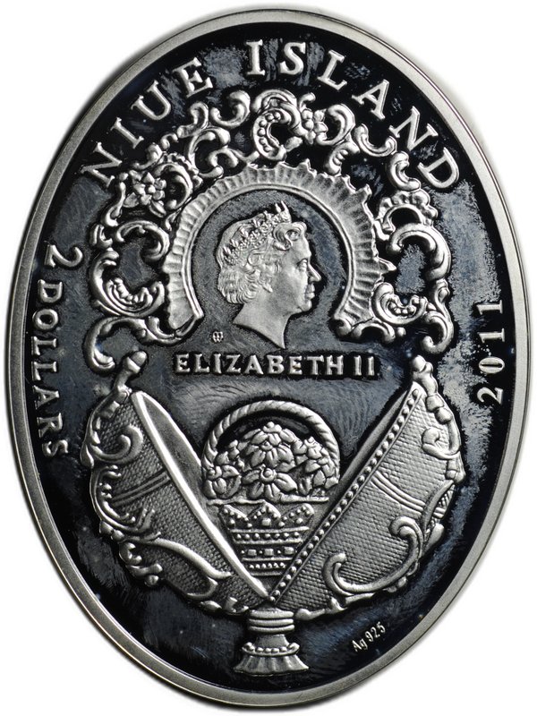 Монета 2 доллара 2011 Яйца Фаберже - Анютины глазки Ниуэ