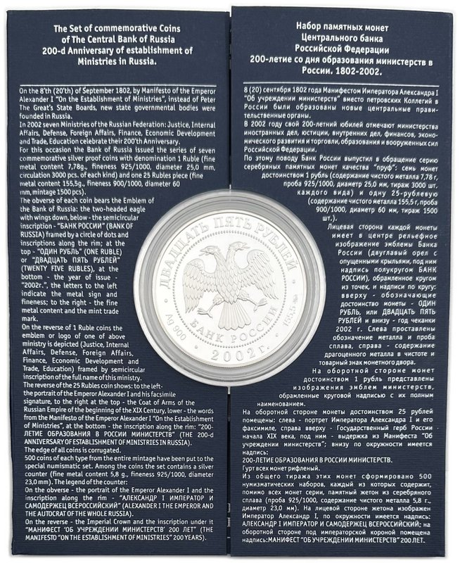 Набор монет 1 и 25 рублей 2002 ММД + жетон 200-летие образования министерств 9 монет