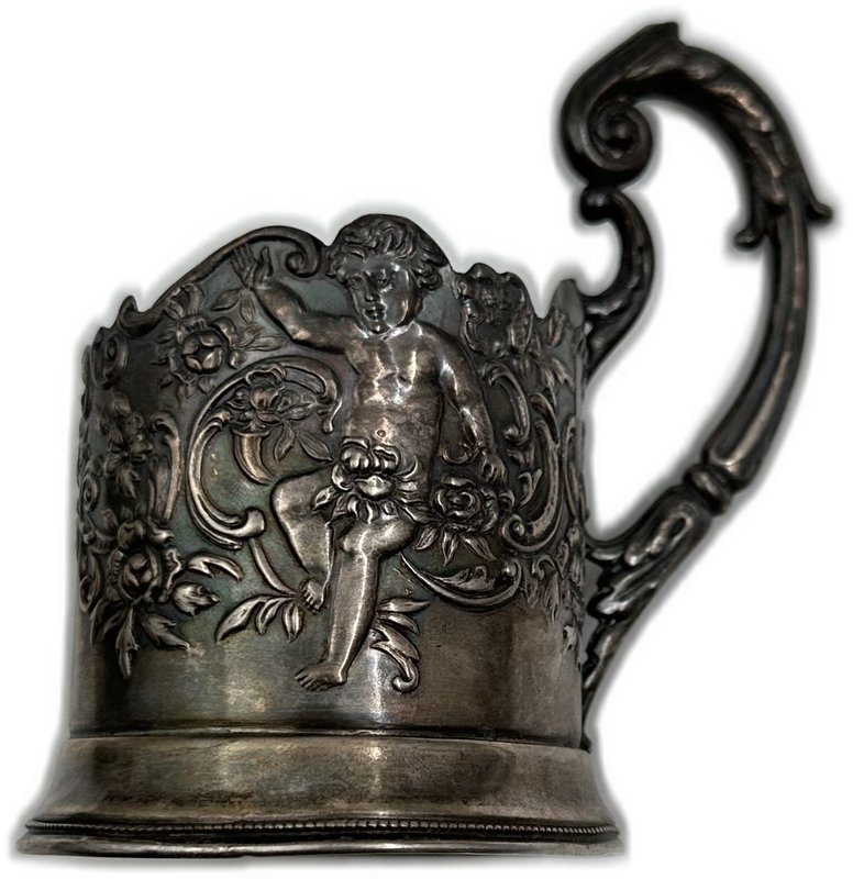 Серебряный подстаканник Купидон в цветочном узоре серебро 875 пробы, клейма ИПХ 131 гр