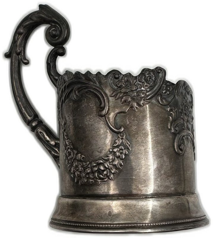 Серебряный подстаканник Купидон в цветочном узоре серебро 875 пробы, клейма ИПХ 131 гр