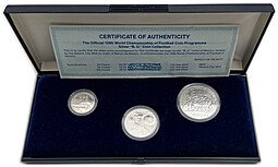 фото для Набор 25, 50, 100 песо 1985 Чемпионат мира по футболу 1986 Мексика 3 монеты Аверс