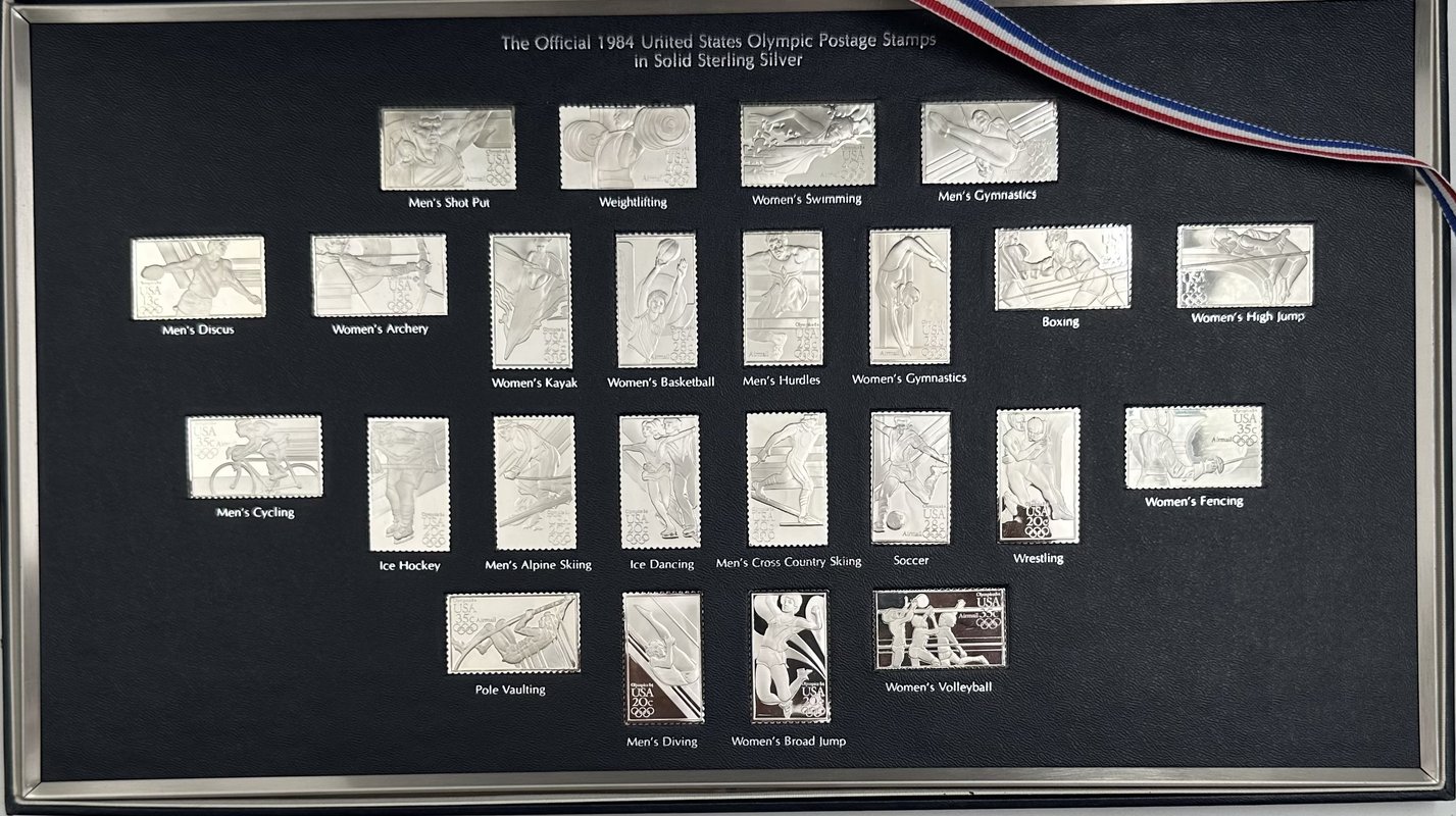 Набор 1983 Олимпийских серебряных почтовых марок Олимпиада 1984 Franklin Mint США