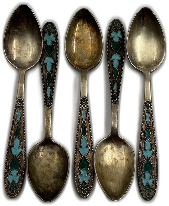 Набор из 5 серебряных кофейных / чайных ложек с эмалями серебро 875 пробы ОЛЮ СССР 78,7 гр