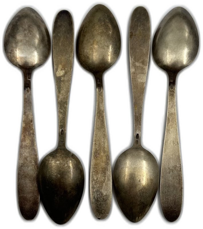 Набор из 5 серебряных кофейных / чайных ложек с эмалями серебро 875 пробы ОЛЮ СССР 78,7 гр