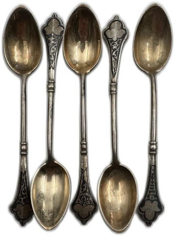 Набор из 5 серебряных кофейных / чайных ложек с чернью серебро 875 пробы 7 АХ СССР 93,1 гр