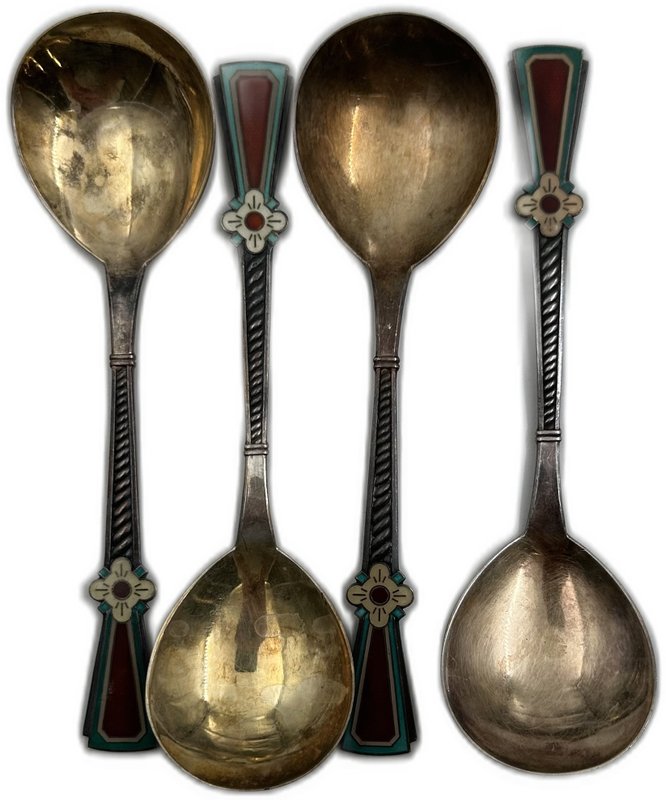 Набор из 4 серебряных столовых ложек с эмалями серебро 916 пробы СССР 182,9 гр