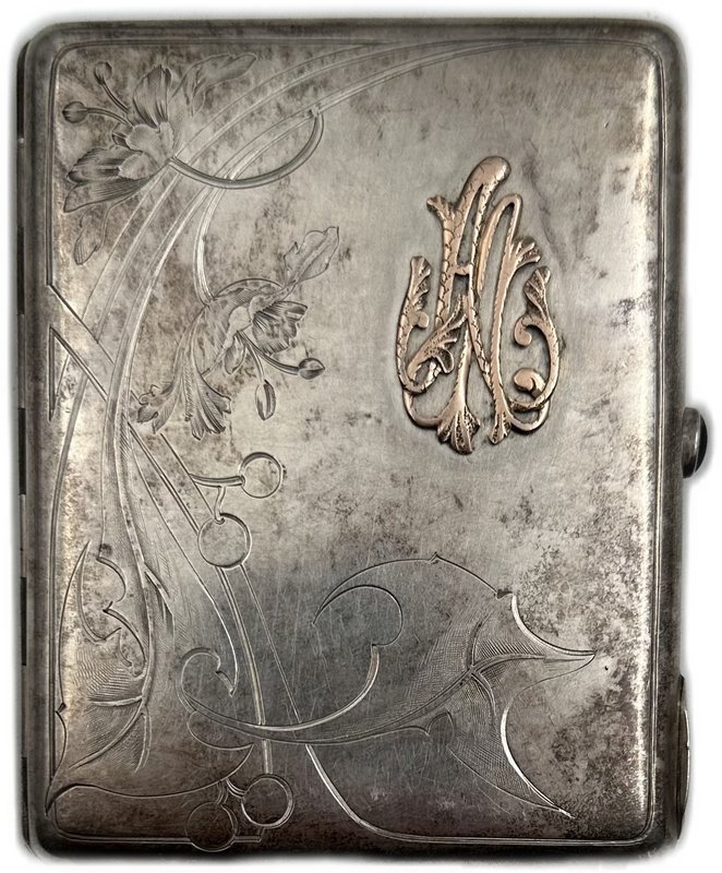 Серебряный портсигар Вензель-накладка АЛ и цветочный орнамент серебро 84 пробы клеймо СПI 162 грамма