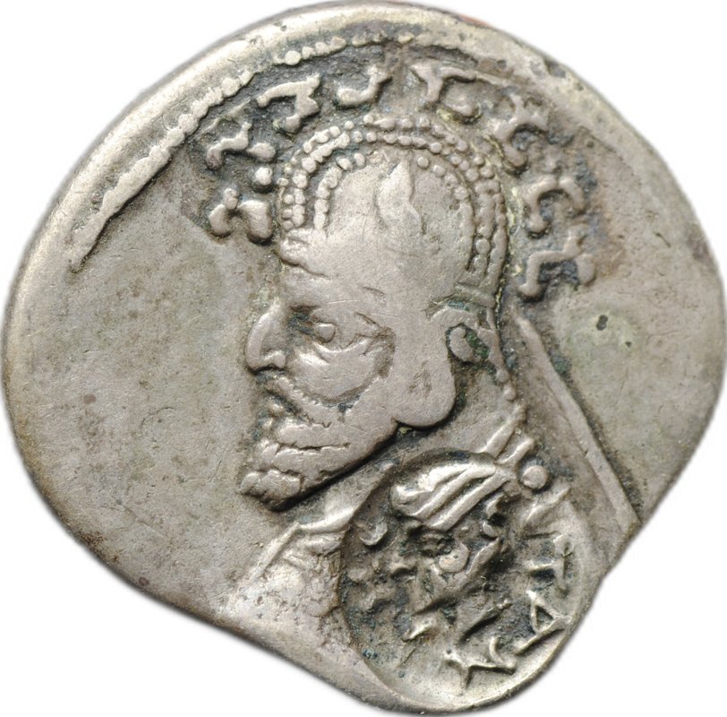 Монета Драхма 80-40 до н.э. Танлисмаидат надчекан на драхме Фраата III Индо-Парфия