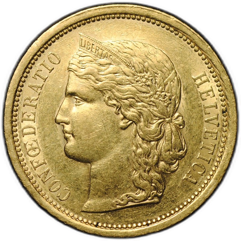 Монета 20 франков 1886 Швейцария