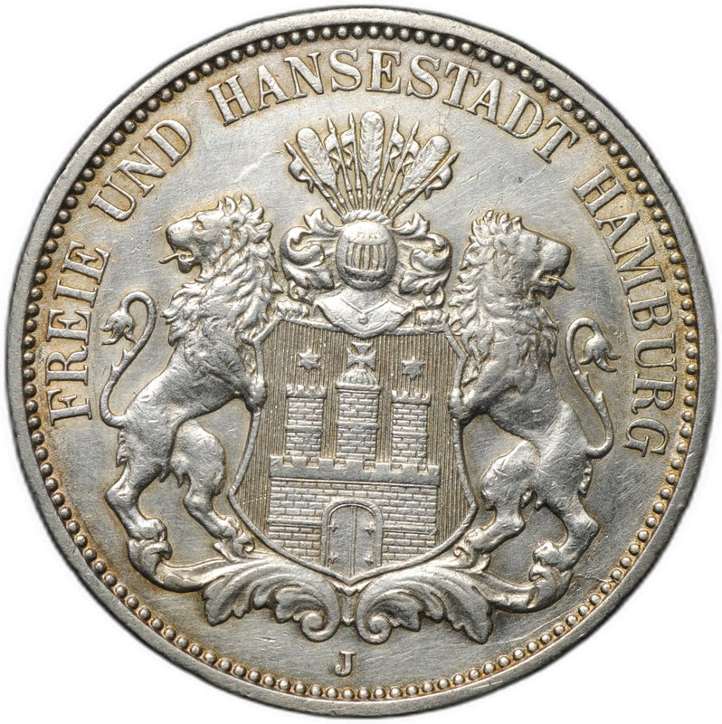 Монета 3 марки 1910 J Гамбург Германия