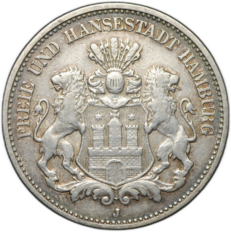 Монета 2 марки 1908 J Гамбург Германия