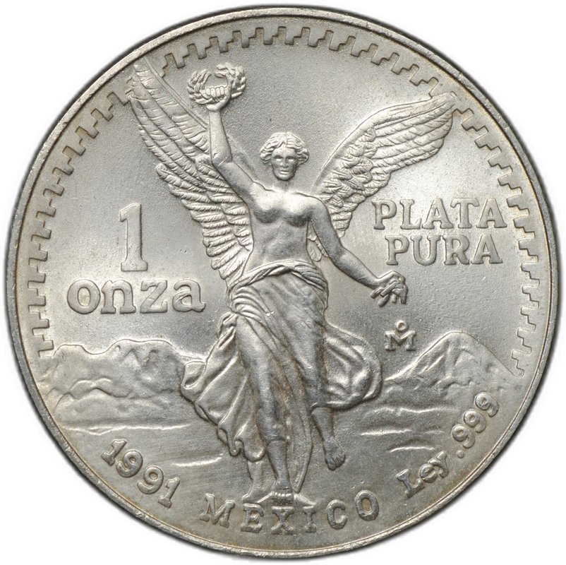 Монета 1 онза (уцнция серебра) 1991 Свобода Мексика