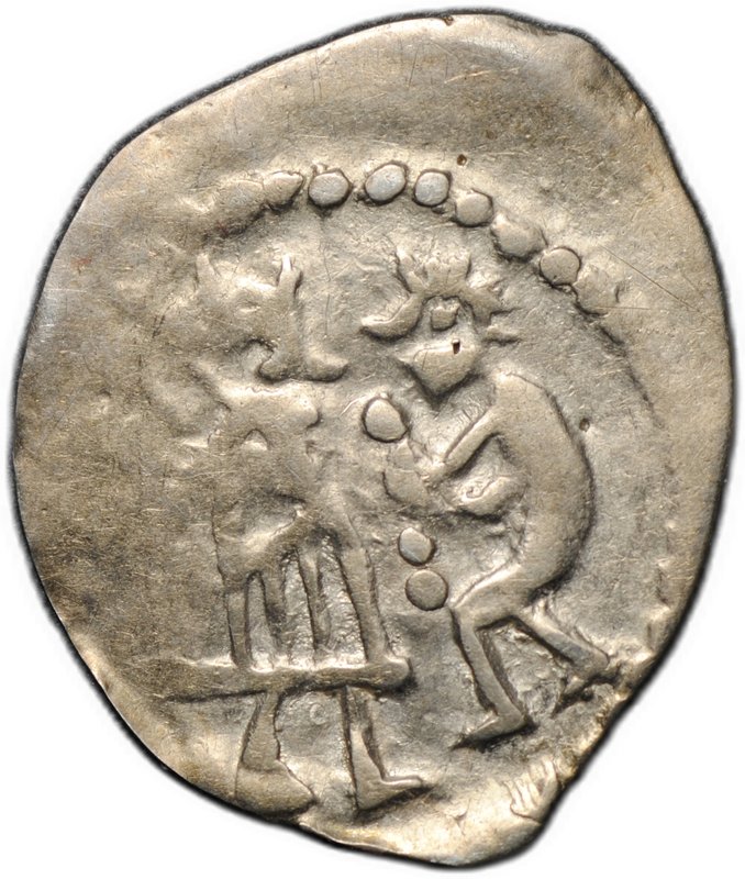 Монета Денга 1420-1478 Легенда | Князь стоит, дары точки Новгород