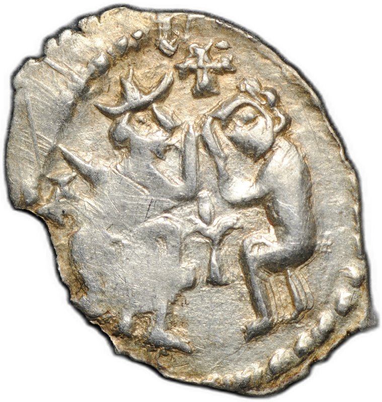 Монета Денга 1420-1478 Легенда в кресте | Князь сидит Д, между початок, сверху крест  Новгород