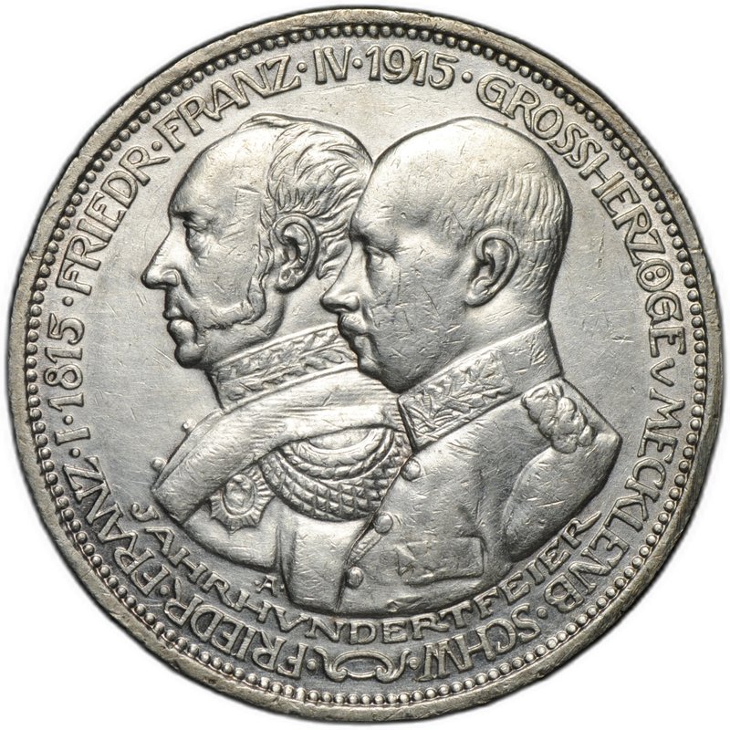 Монета 3 марки 1915 100 лет Герцогству Мекленбург-Шверин Германия