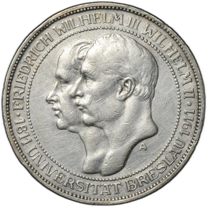 Монета 3 марки 1911 А Университет Бреслау Пруссия Германия