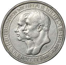фото для Монета 3 марки 1911 А Университет Бреслау Пруссия Германия Аверс