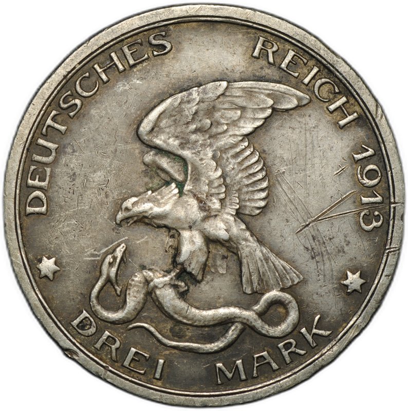 Монета 3 марки 1913 100 лет победы над Наполеоном Франция (толпа) Пруссия Германия 