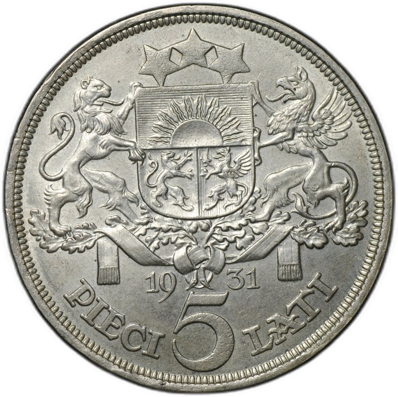 Монета 5 лат 1931 Латвия