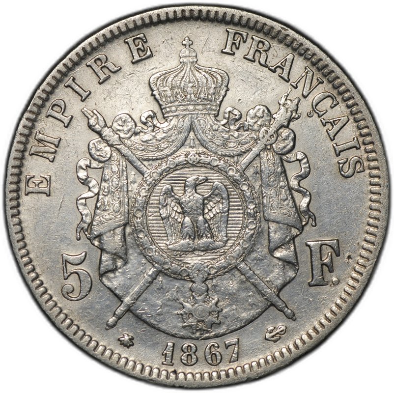 Монета 5 франков 1867 A Франция