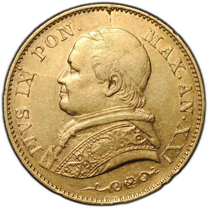 Монета 20 лир 1866 XXI Папская область Ватикан