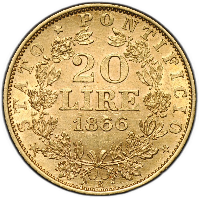 Монета 20 лир 1866 XXI Папская область Ватикан