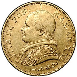 фото для Монета 20 лир 1866 XXI Папская область Ватикан Аверс