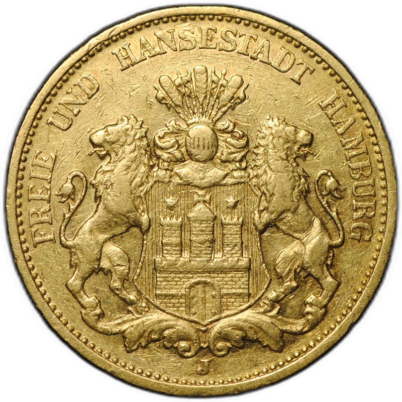 Монета 20 марок 1884 J Гамбург Германия