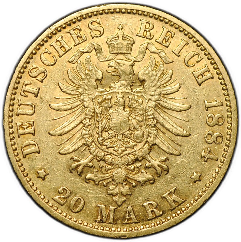 Монета 20 марок 1884 J Гамбург Германия